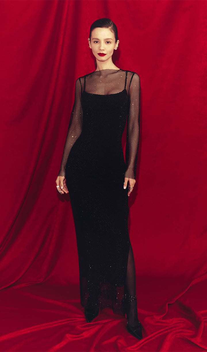 Mesh With Monochrome Lining Maxi Dress - Celestia Couture