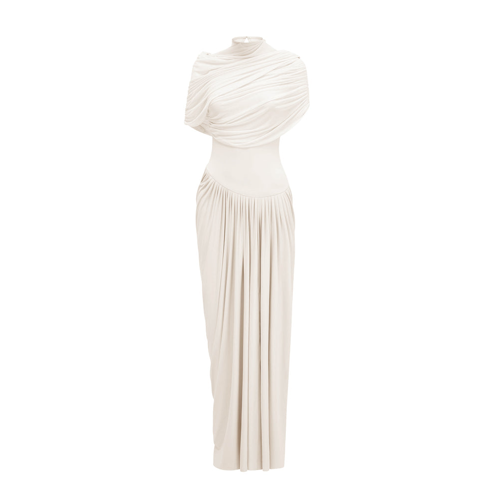 Catherine White Asymmetrical Pleated Maxi Dress - Celestia Couture