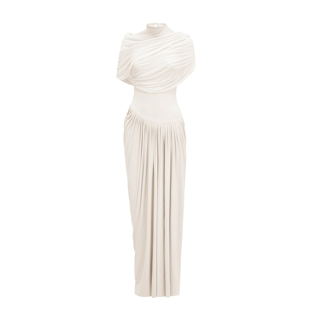 Catherine White Asymmetrical Pleated Maxi Dress - Celestia Couture
