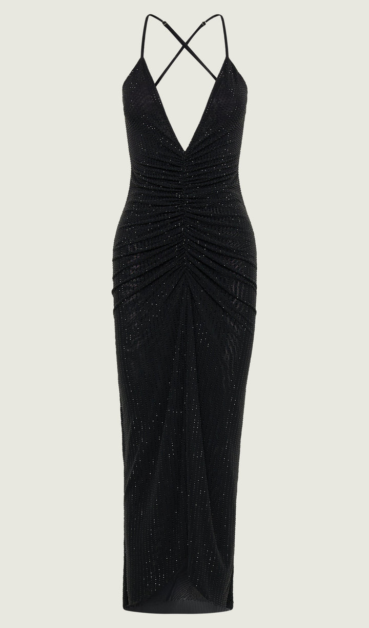 Diamante Ruched Midi Dress - Black - Celestia Couture