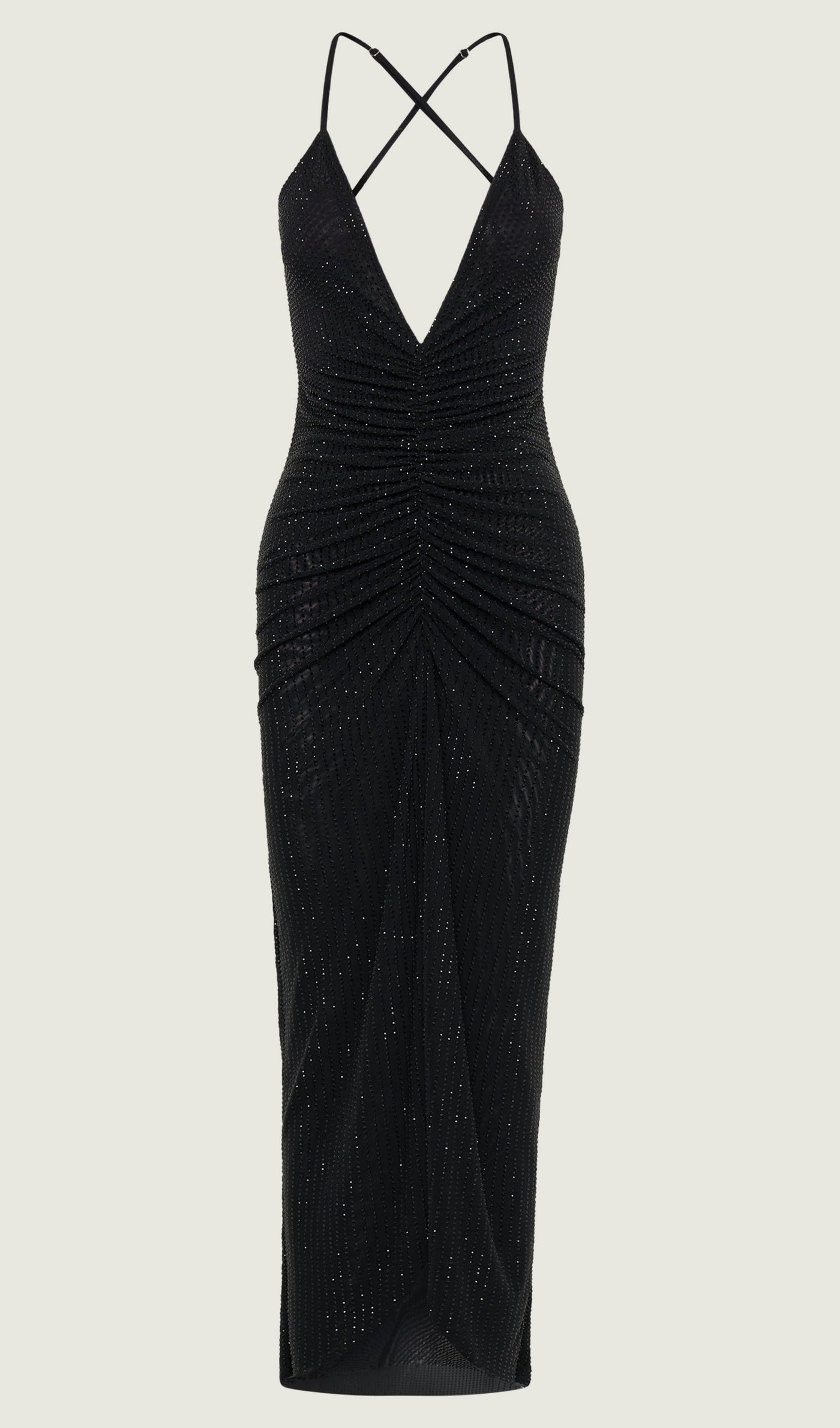Diamante Ruched Midi Dress - Black