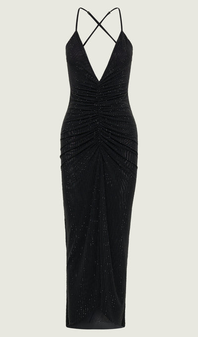 Diamante Ruched Midi Dress - Black