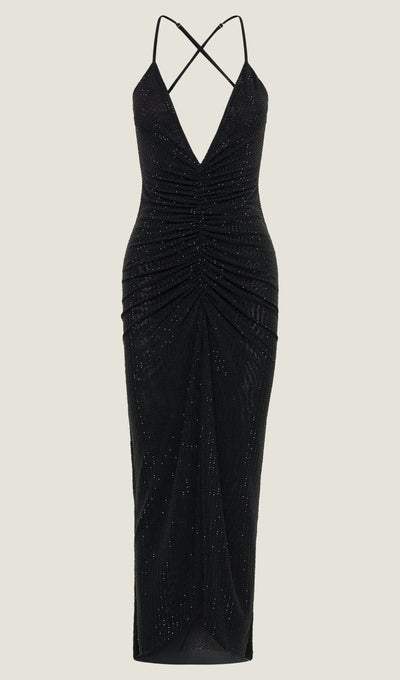 Diamante Ruched Midi Dress - Black