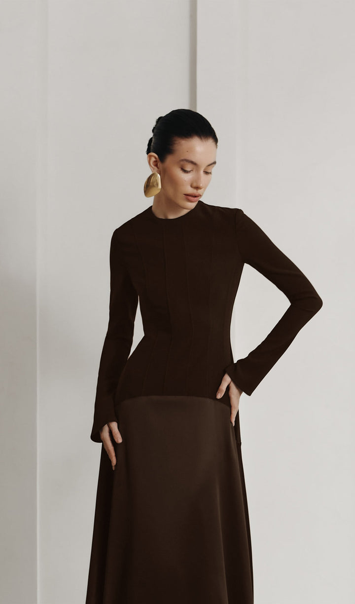 Knitted Satin Maxi Dress -Coffee - Celestia Couture
