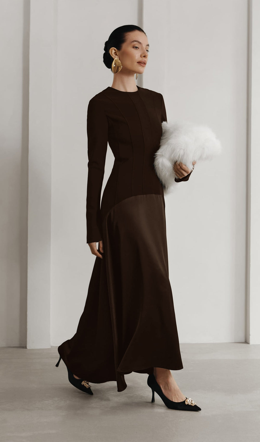 Knitted Satin Maxi Dress -Coffee - Celestia Couture