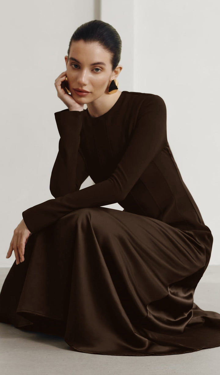 Knitted Satin Maxi Dress -Coffee - Celestia Couture