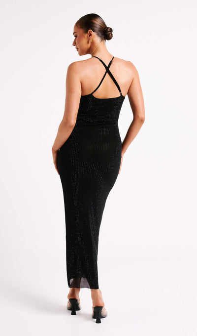Diamante Ruched Midi Dress - Black