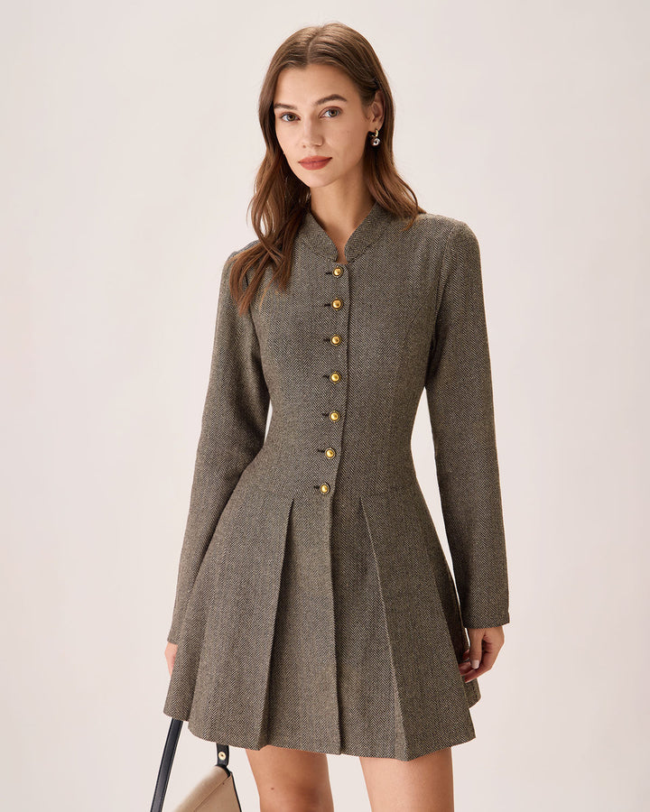 Brown Button Pleated Mini Dress - Celestia Couture