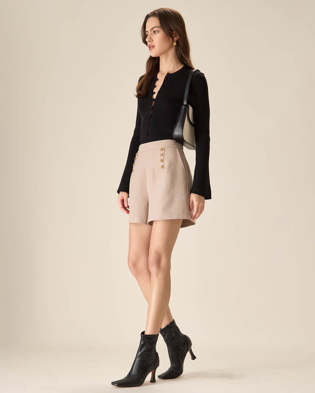 The Black Round Neck Button Up Knit Top - Celestia Couture