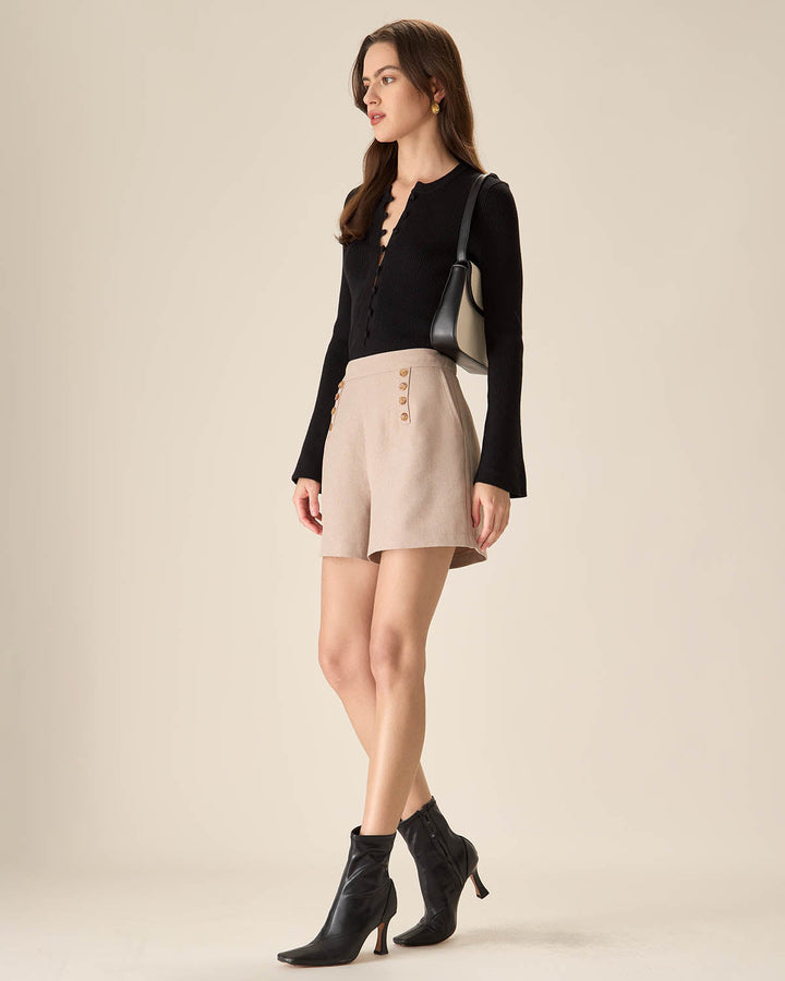 The Black Round Neck Button Up Knit Top - Celestia Couture