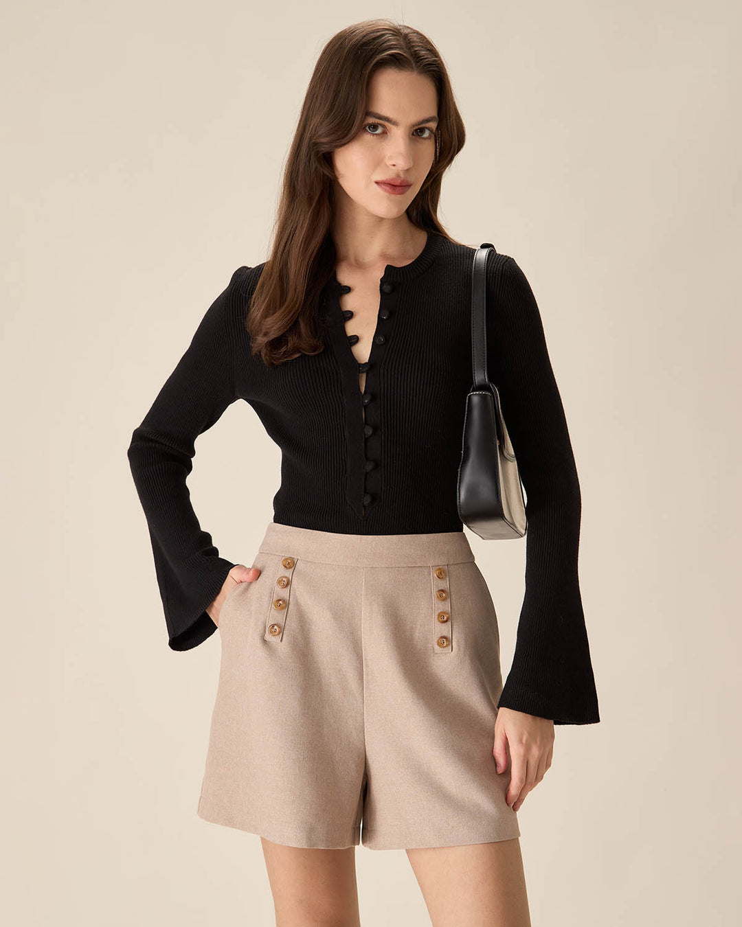 The Black Round Neck Button Up Knit Top - Celestia Couture