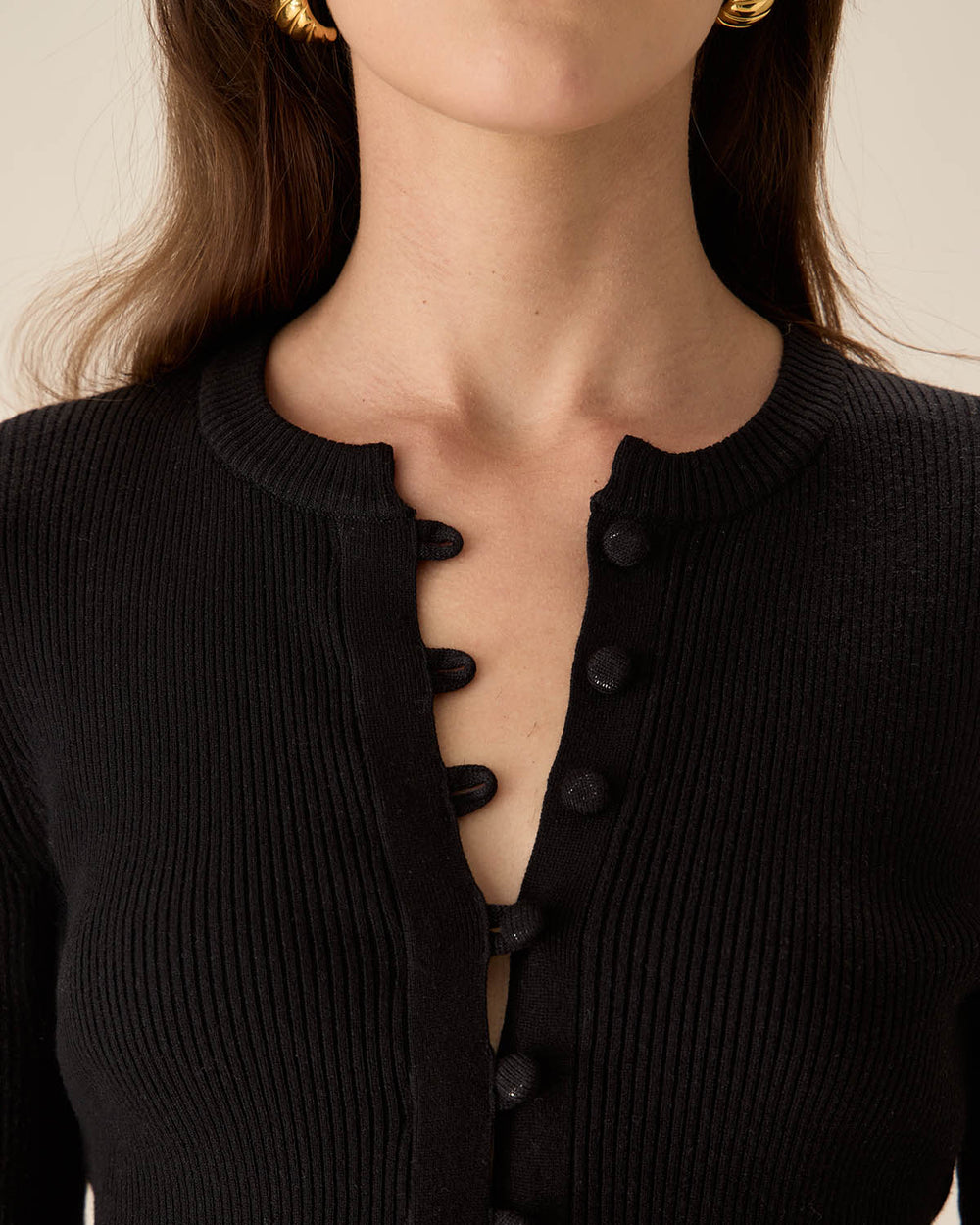 The Black Round Neck Button Up Knit Top - Celestia Couture