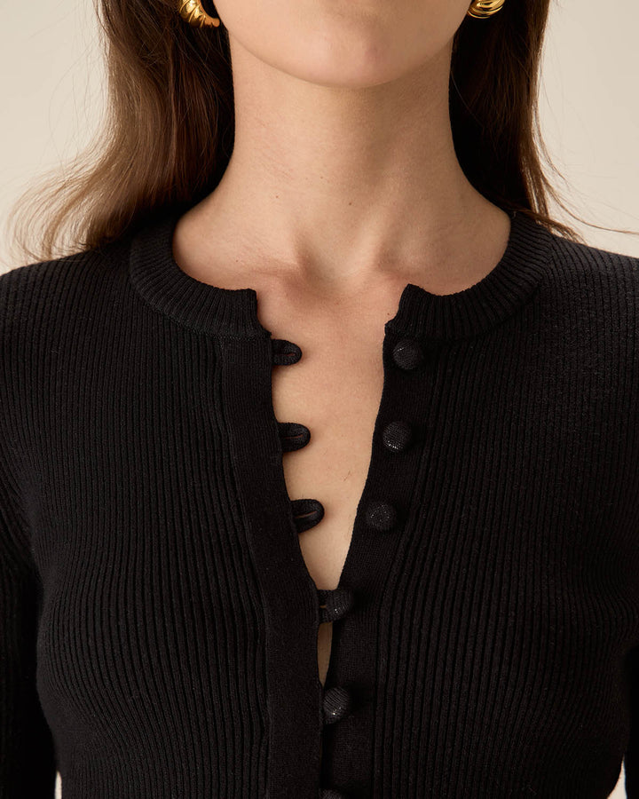 The Black Round Neck Button Up Knit Top - Celestia Couture