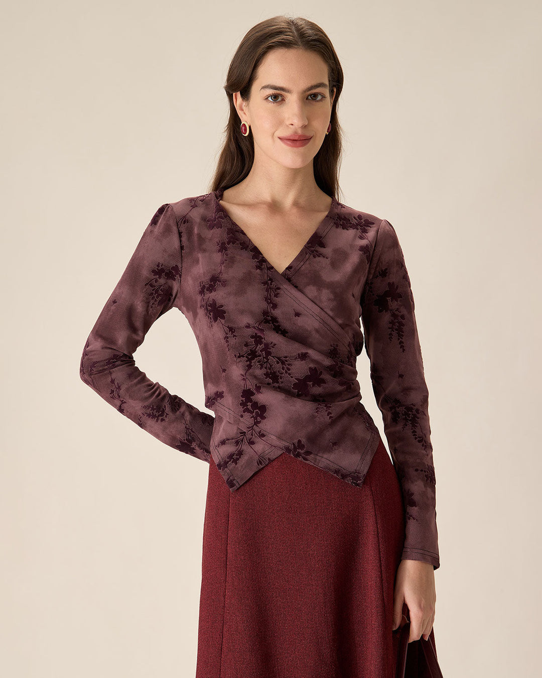 Purple Floral Ruched Wrap Tee - Celestia Couture