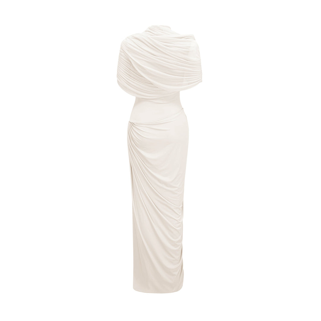 Catherine White Asymmetrical Pleated Maxi Dress - Celestia Couture
