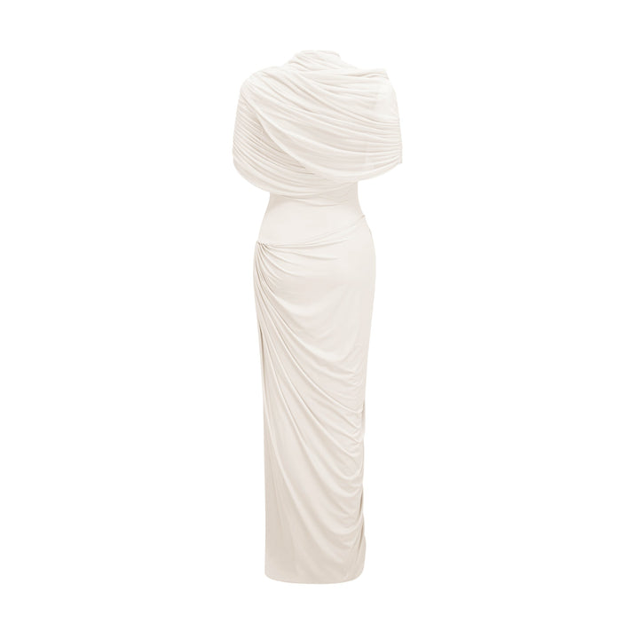Catherine White Asymmetrical Pleated Maxi Dress - Celestia Couture