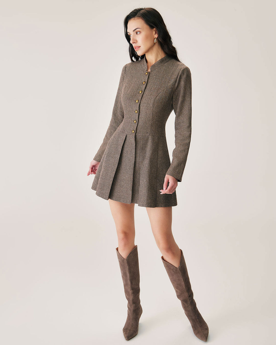 Brown Button Pleated Mini Dress - Celestia Couture