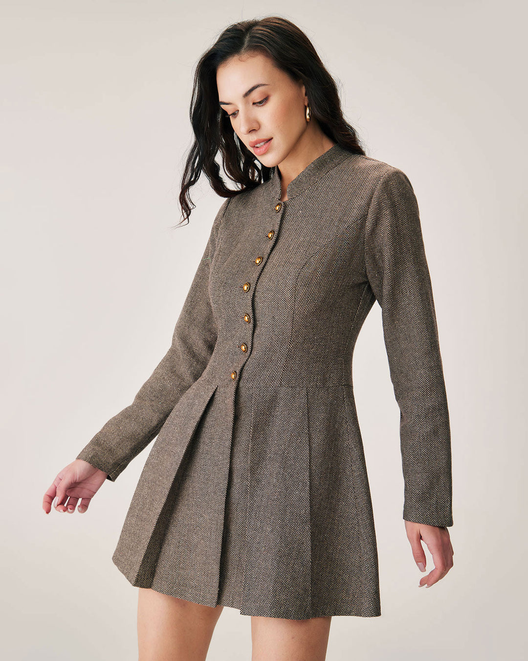 Brown Button Pleated Mini Dress - Celestia Couture