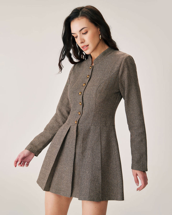 Brown Button Pleated Mini Dress - Celestia Couture