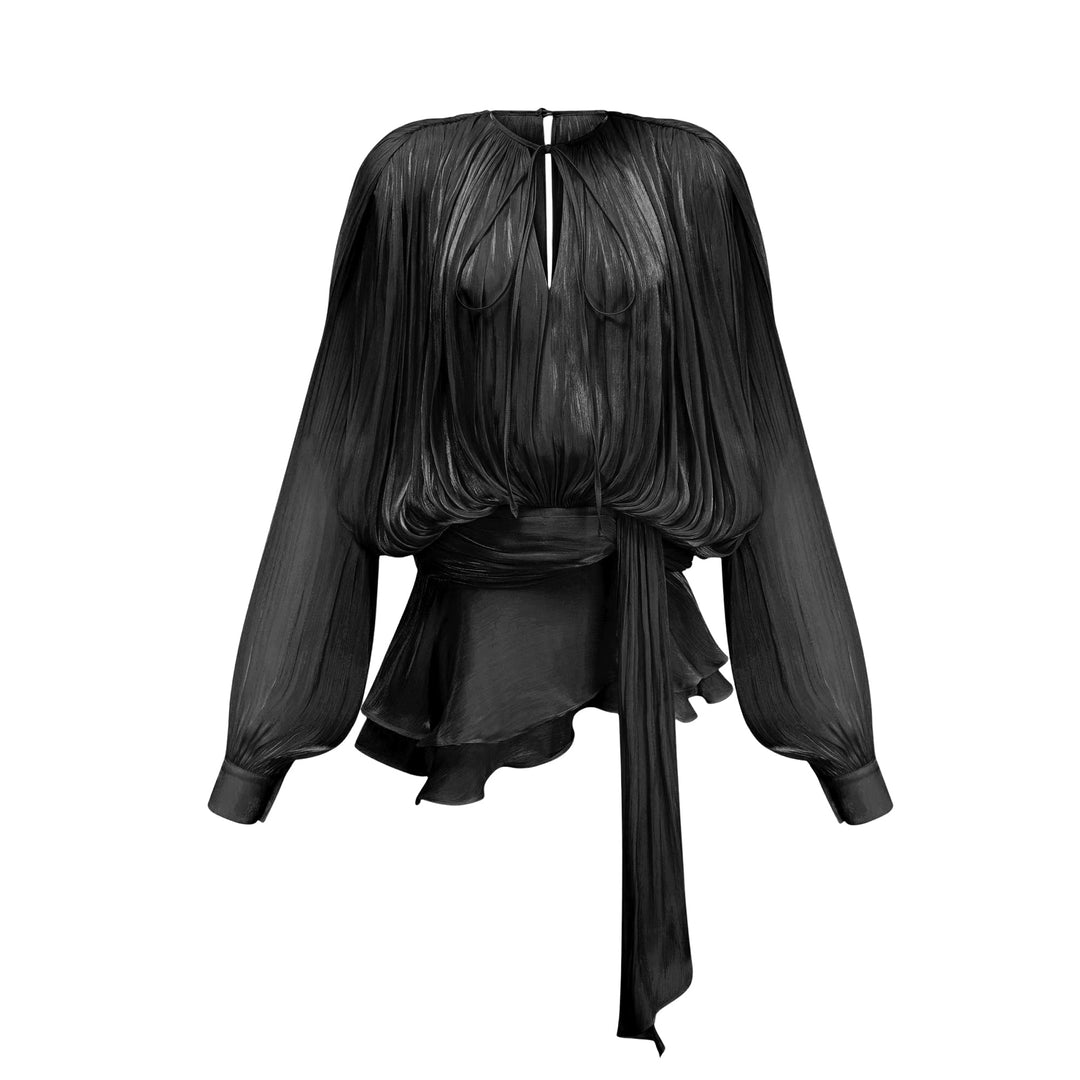 Eugénie fully-pleated ruffled mini dress in Black - Celestia Couture