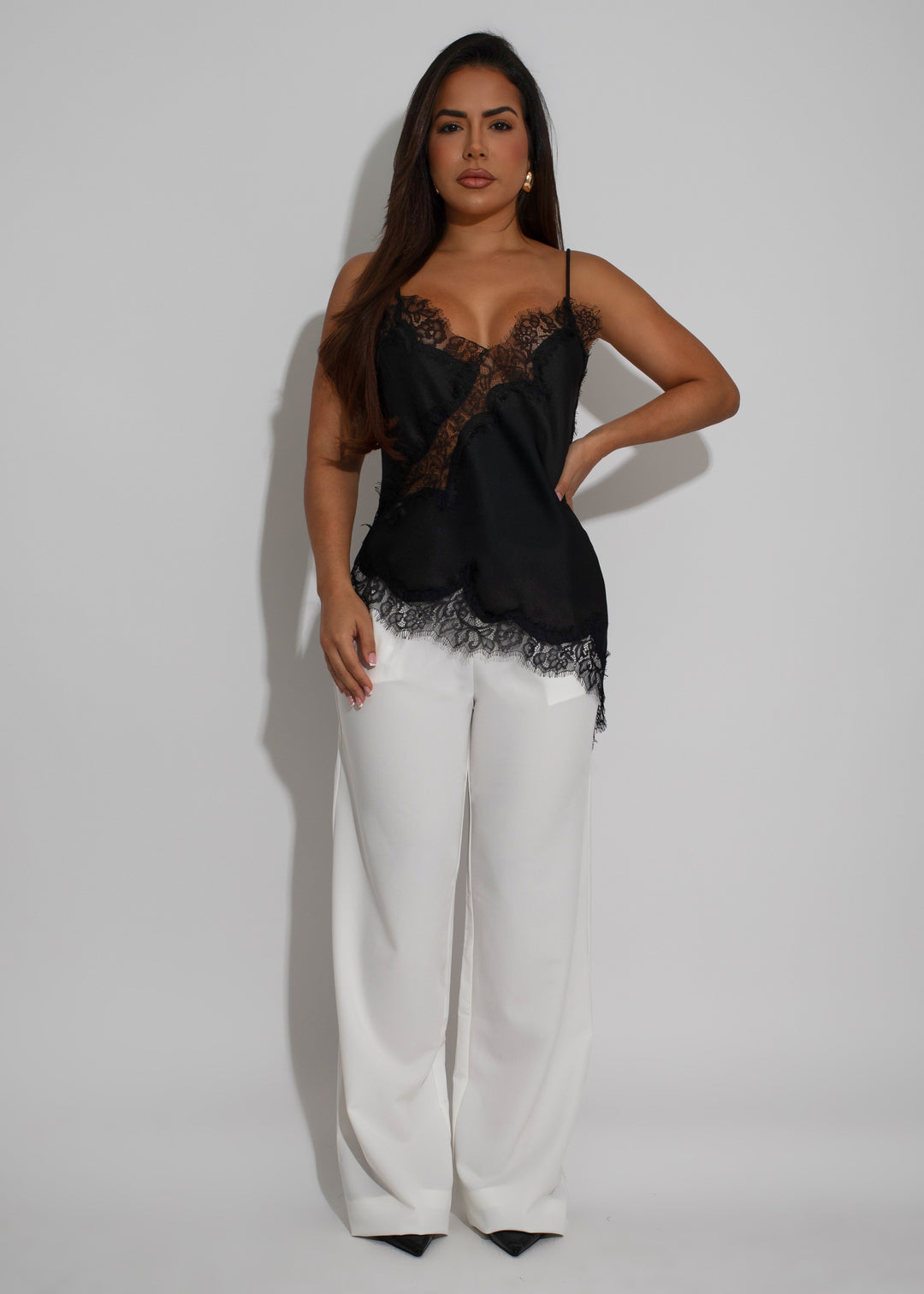 Whispered Elegance Satin Lace Long Top Black
