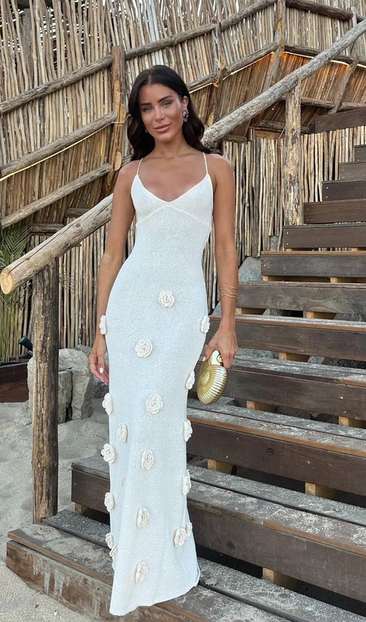 Knit Maxi Dress With Flowers-Off White - Celestia Couture