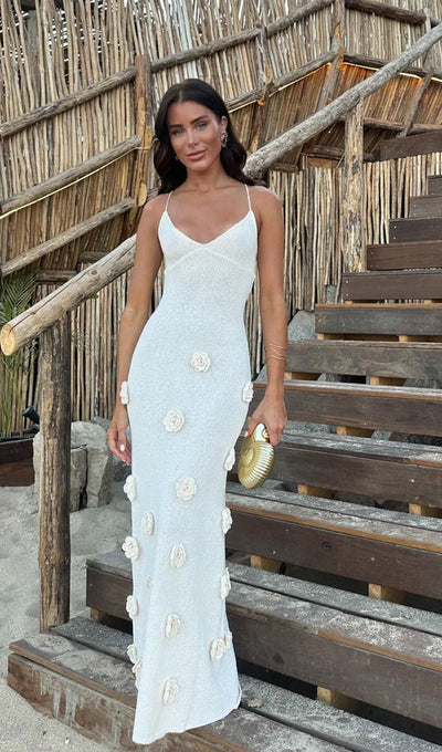 Knit Maxi Dress With Flowers-Off White