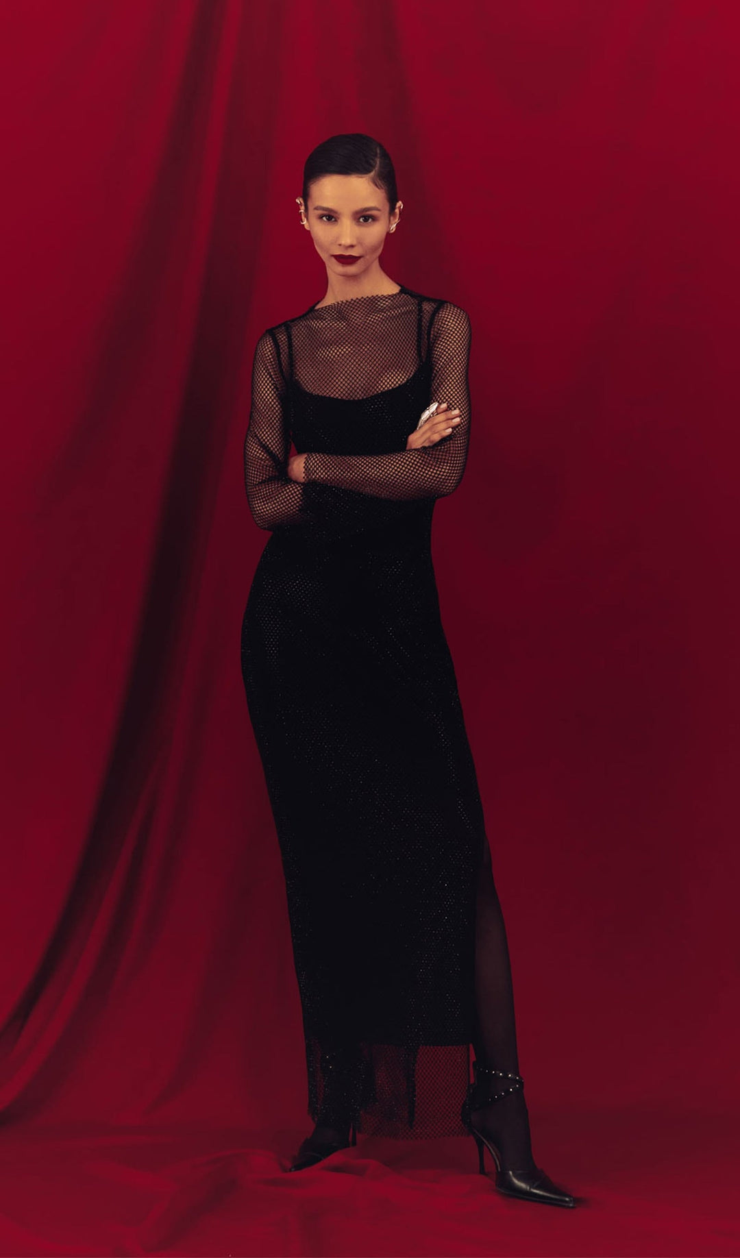Mesh With Monochrome Lining Maxi Dress - Celestia Couture