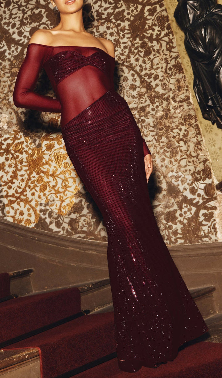 Diamante Off Shoulder Maxi Dress - Red - Celestia Couture