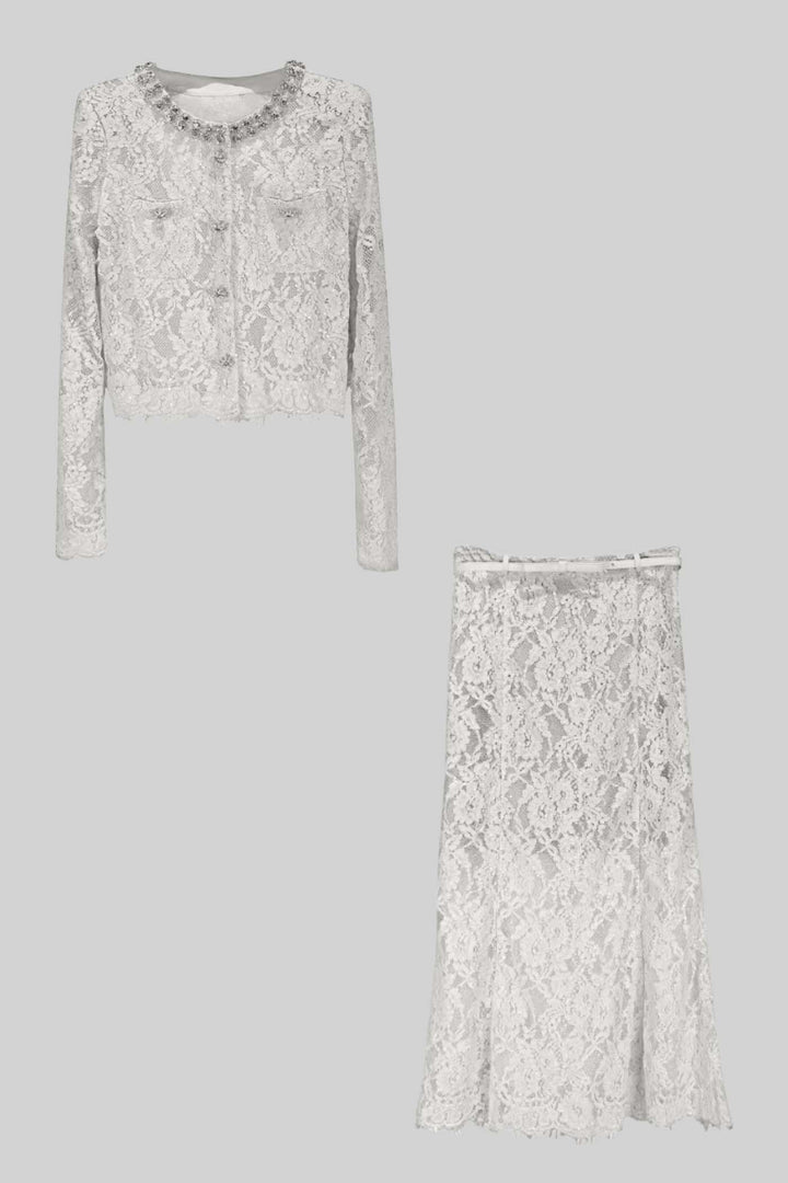 Lace Co-Ord With Sparkling Neckline Embellishments And Midi Skirt - White
