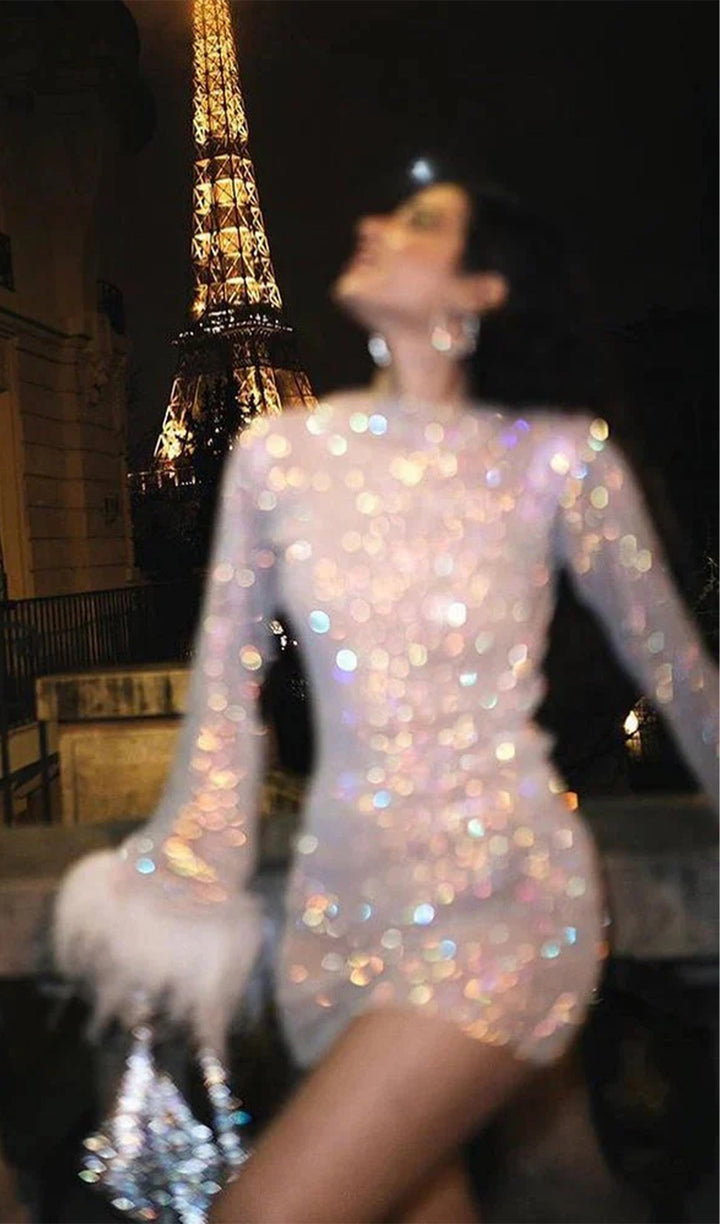 Sheer Rhinestone Mini Dress - Celestia Couture