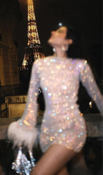 Sheer Rhinestone Mini Dress