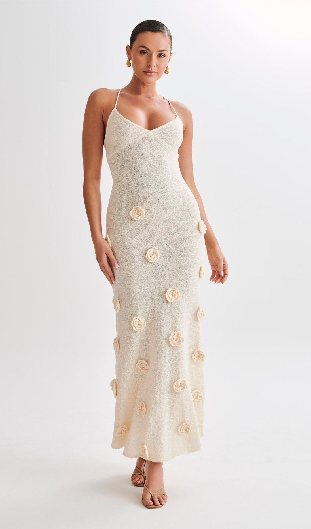 Knit Maxi Dress With Flowers-Off White - Celestia Couture