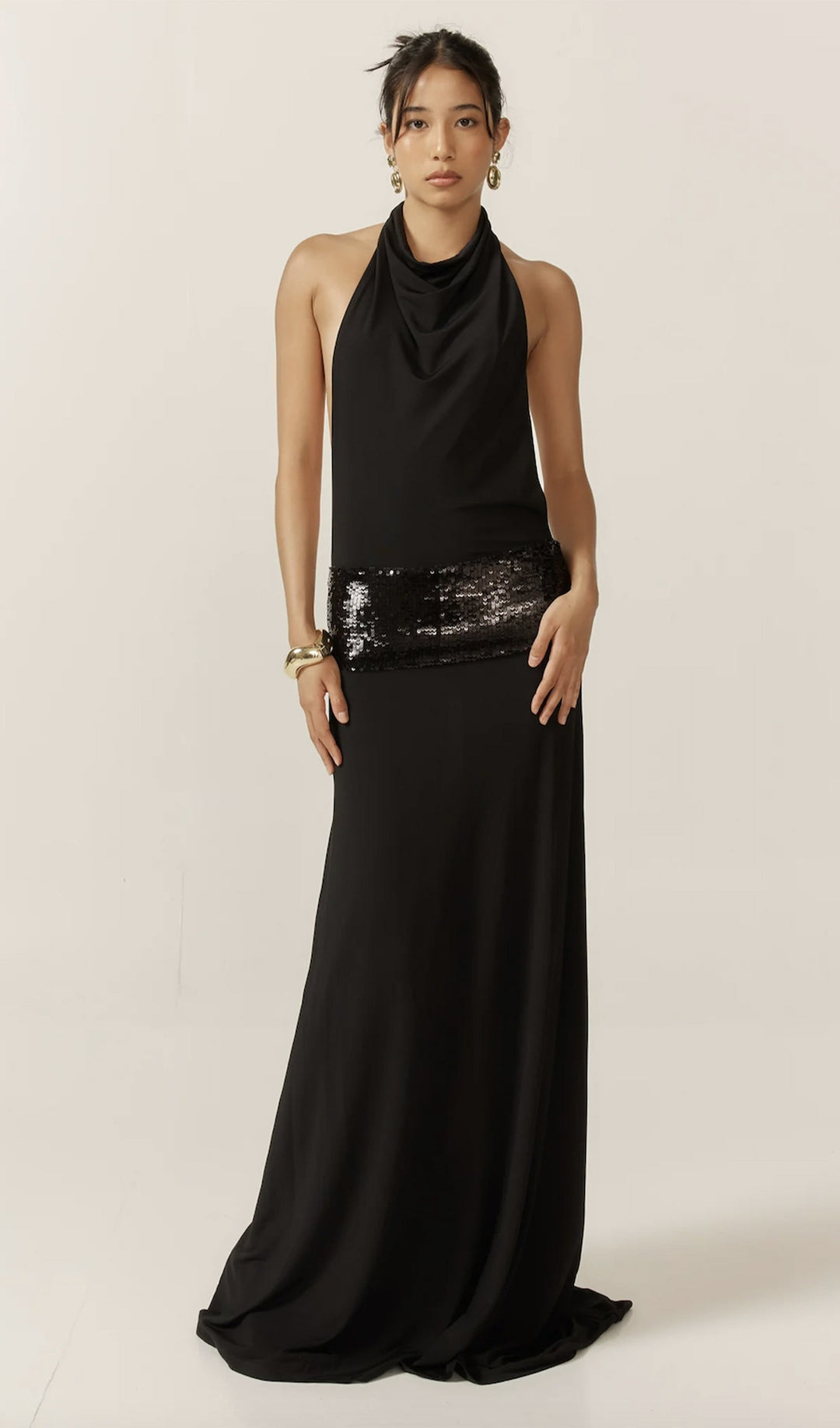 Draped Cowl Neck Open Back Maxi Dress - Celestia Couture