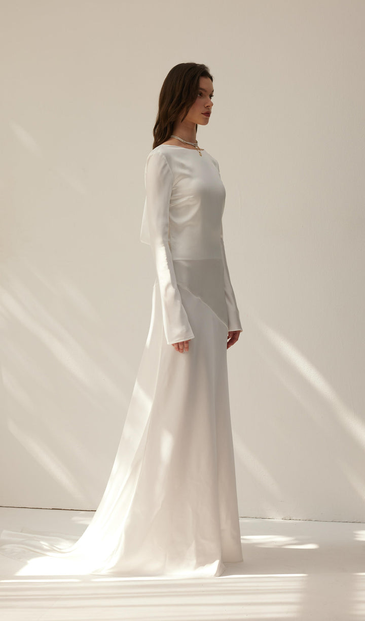 White Satin Long Sleeved Slim Evening Dress - Celestia Couture