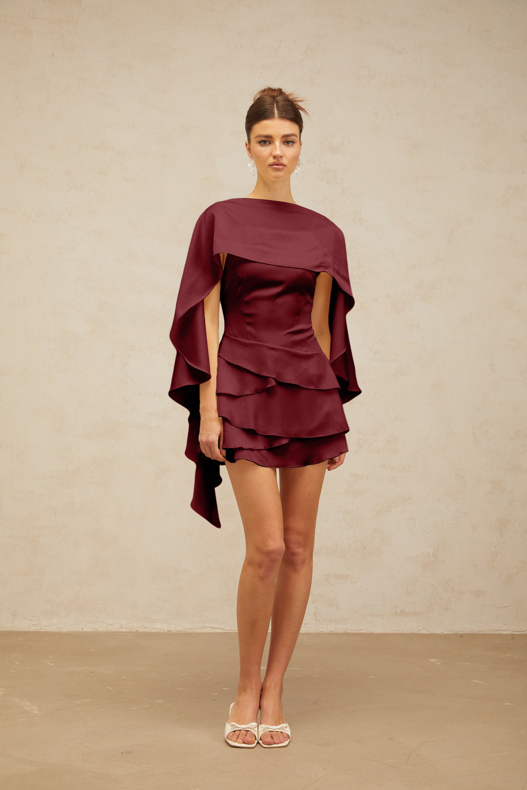 Lyna shawl-panel ruffled satin mini dress in Red - Celestia Couture