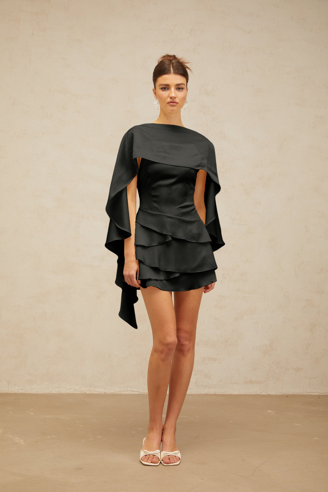 Lyna Black Satin Ruffled Mini Dress with Shawl Panel Detail - Celestia Couture