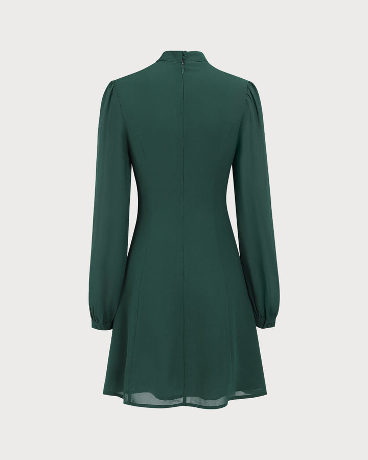 The Green Stand Collar Sheer Slit Mini Dress - Celestia Couture
