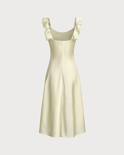 Square Neck Ruffle Satin Midi Dress