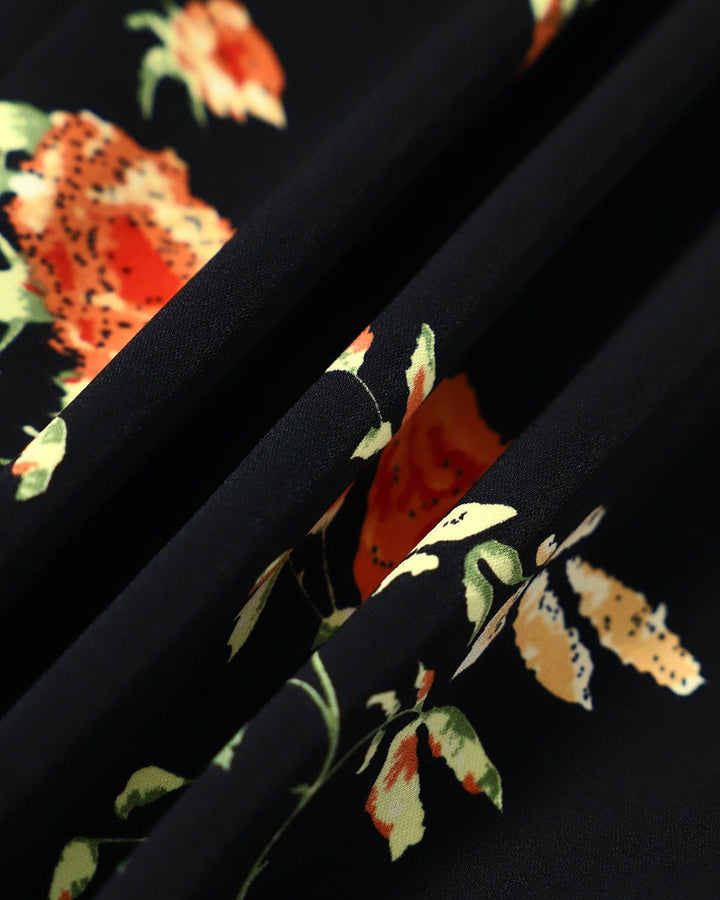 The Black V Neck Floral Short Sleeve Maxi Dress - Celestia Couture