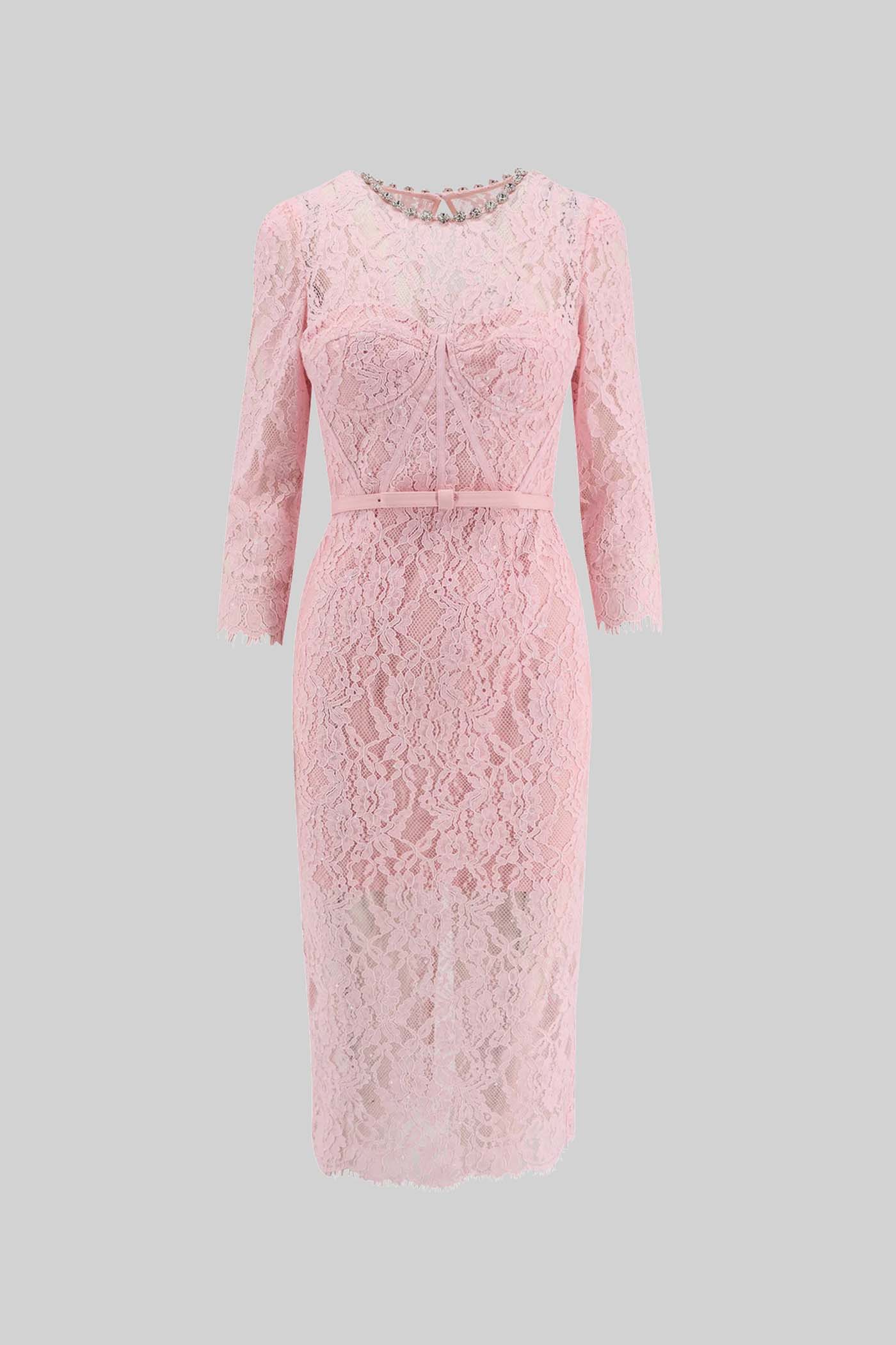 Elegant Long Sleeve Lace Dress With Matching Waist Belt - Pink