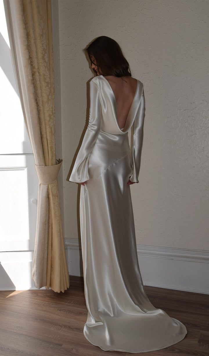 White Satin Long Sleeved Slim Evening Dress - Celestia Couture