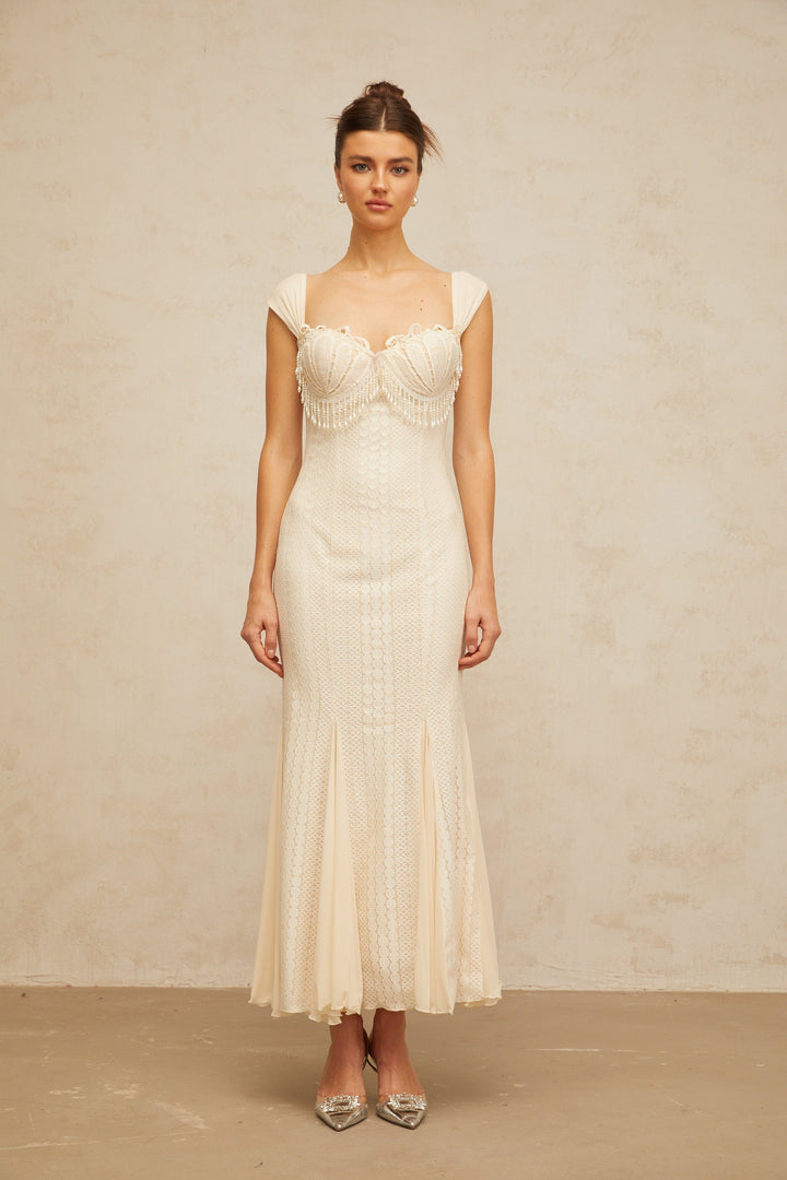 Calliopée cream-white embellished flared maxi dress - Celestia Couture