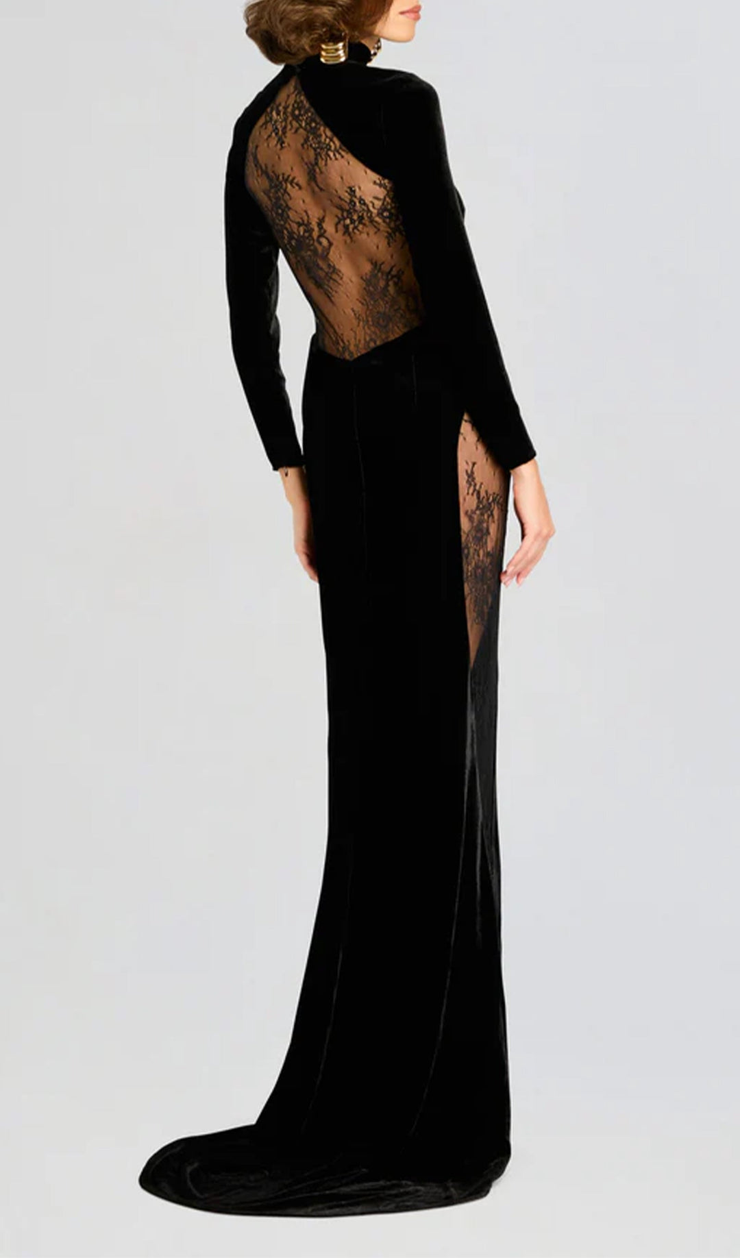 Semi-Sheer Lace Velvet Maxi Dress - Celestia Couture