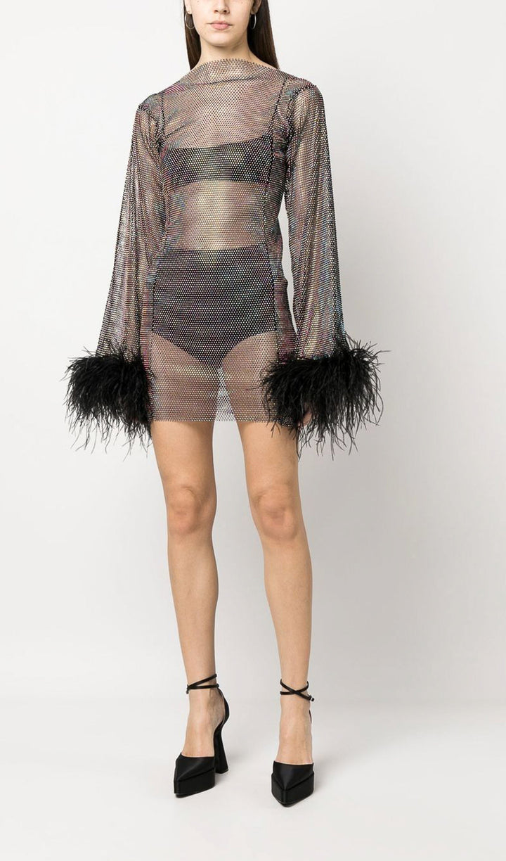 Sheer Rhinestone Mini Dress - Celestia Couture