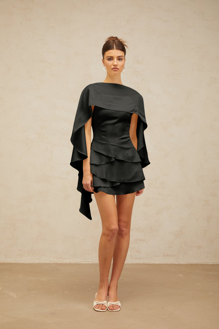 Lyna Black Satin Ruffled Mini Dress with Shawl Panel Detail - Celestia Couture
