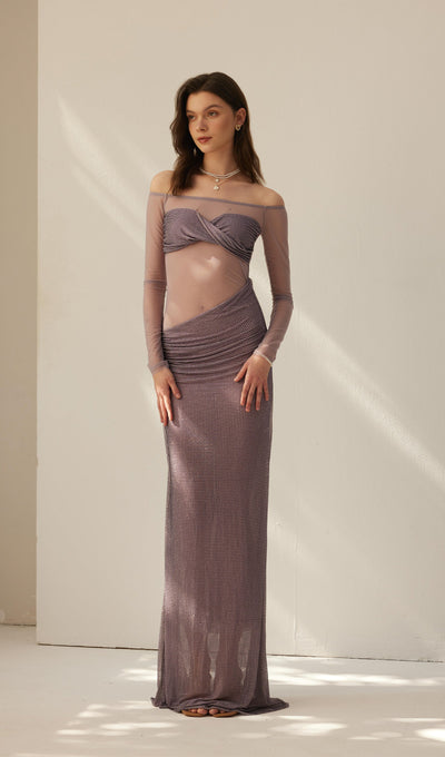 Diamante Off Shoulder Maxi Dress - Gray Purple