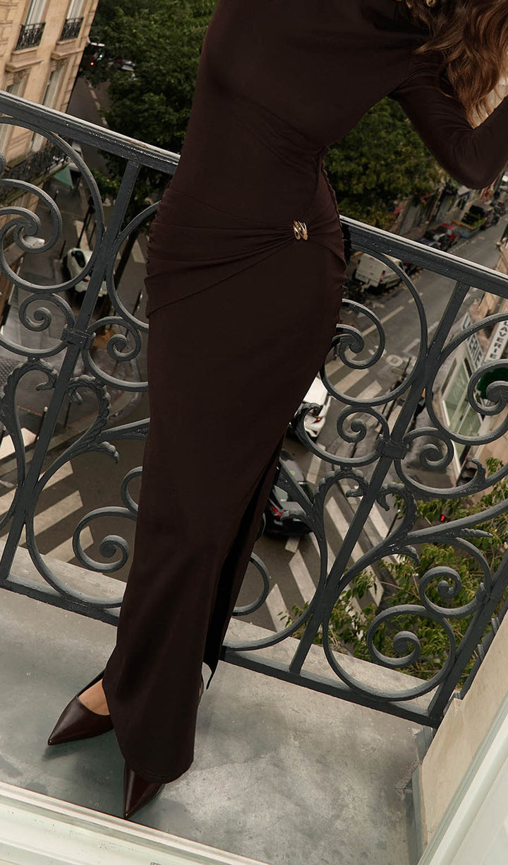Jersey Seductive Fitted Maxi Dress-Brown - Celestia Couture