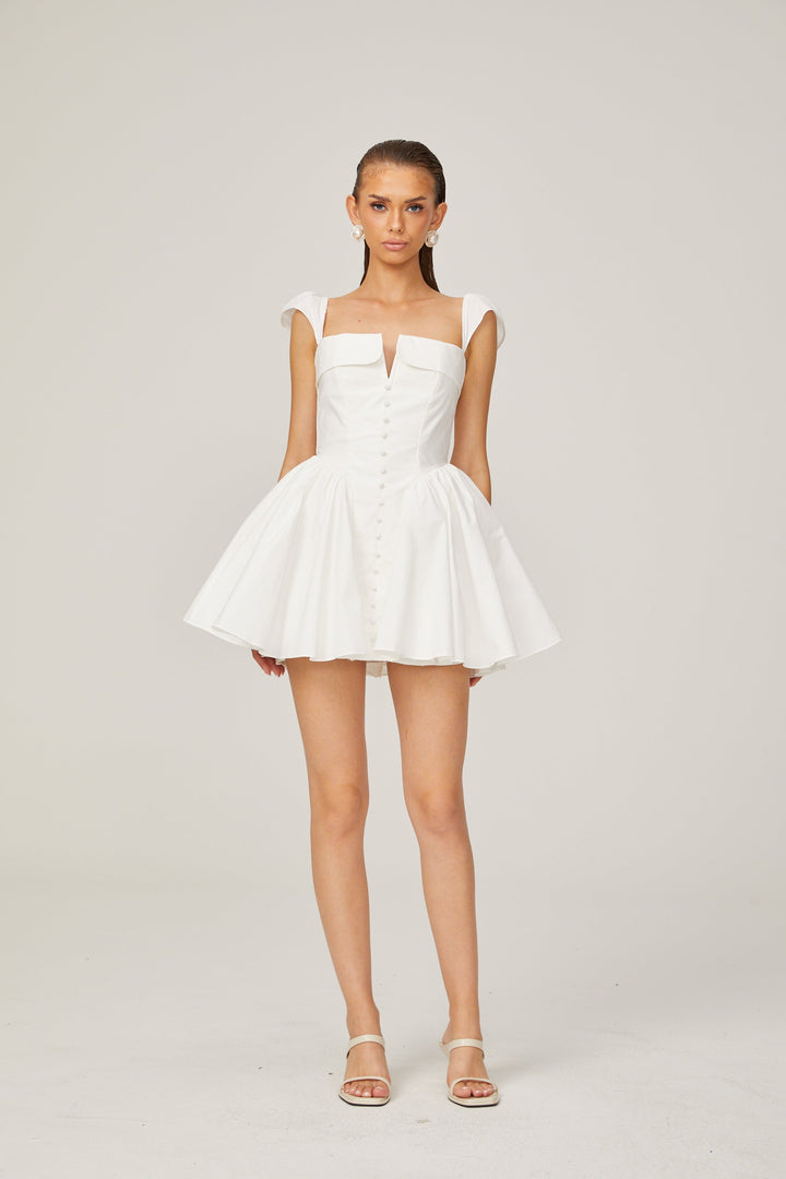 Julie white folded-neck bonded sleeveless mini dress - Celestia Couture