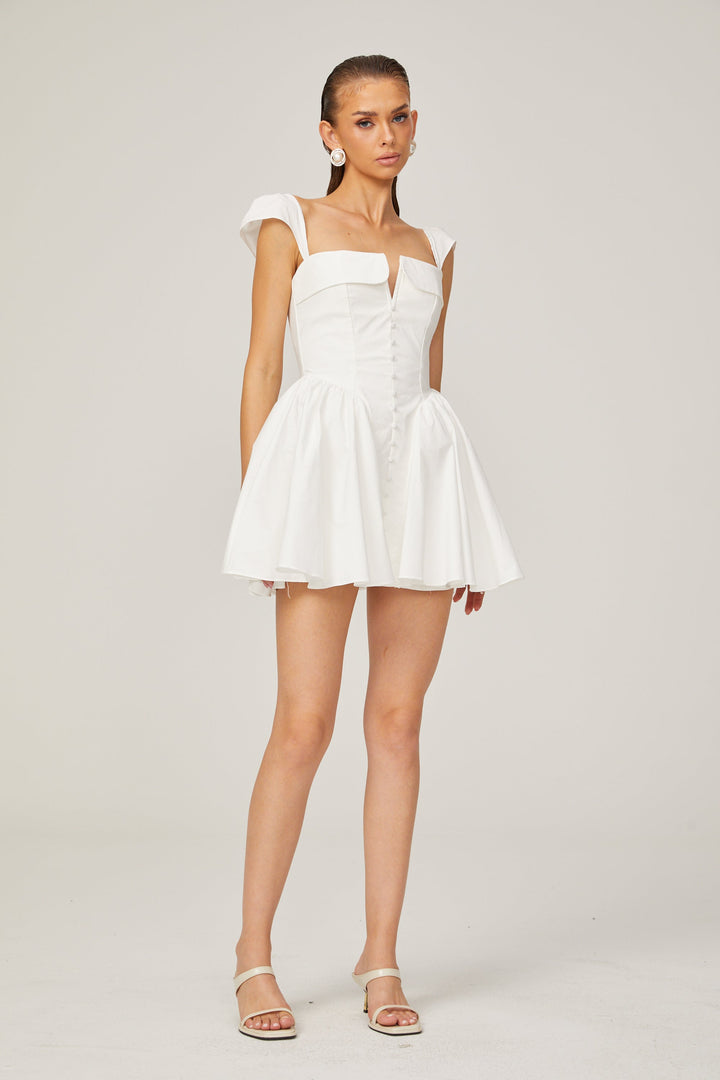 Julie white folded-neck bonded sleeveless mini dress - Celestia Couture